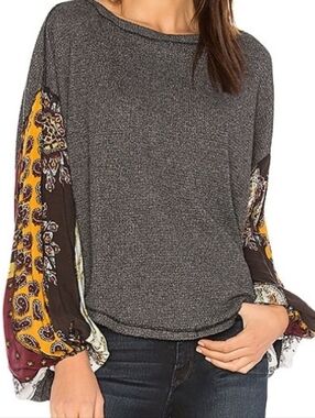 We The Free Oversized Gray Waffle Knit Top With Balloon Sleeves